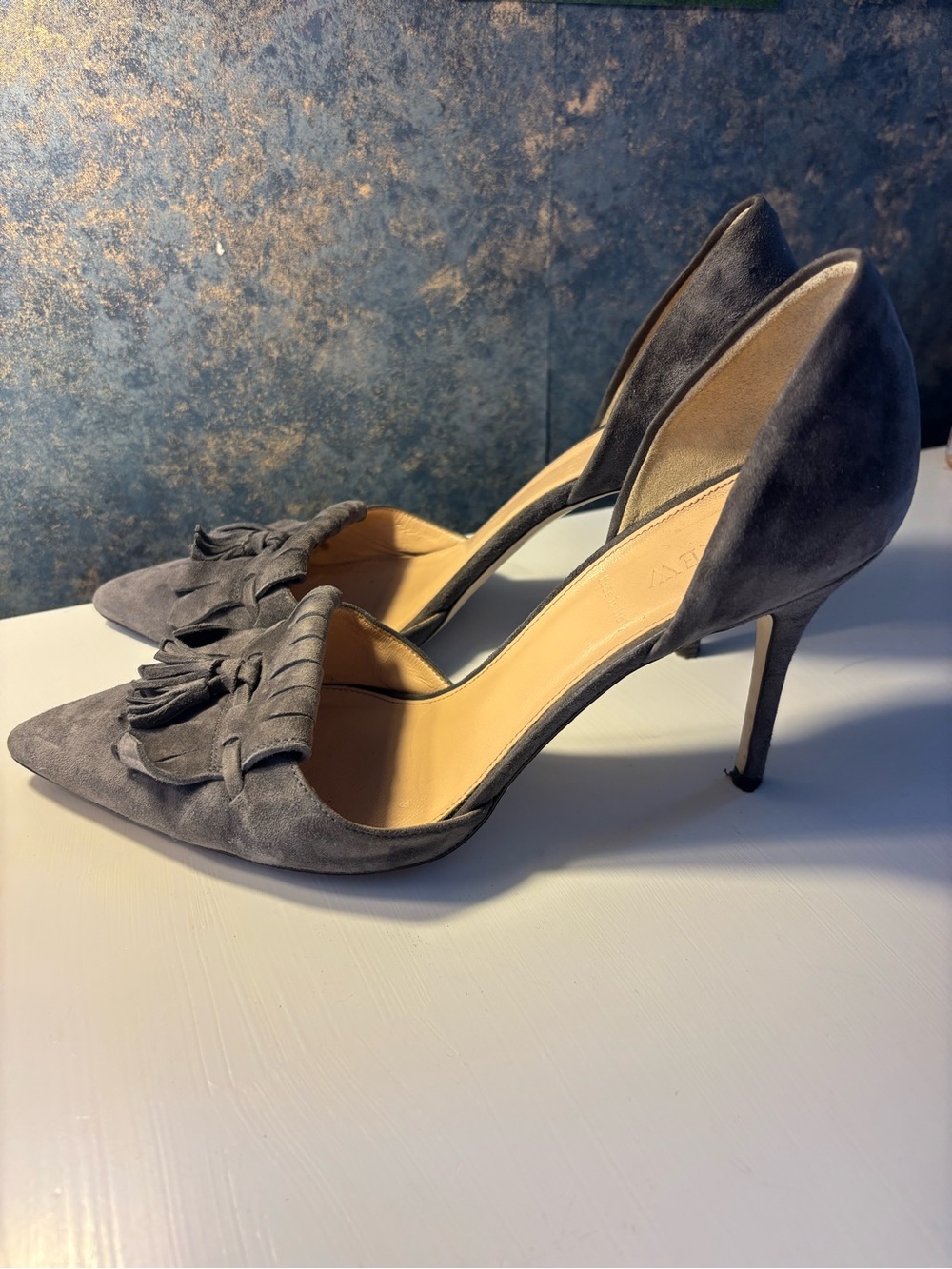 J. Crew Gray Suede D'Orsay Pointed-Toe Heels with Bow